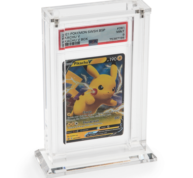 A graded card slab in a display case